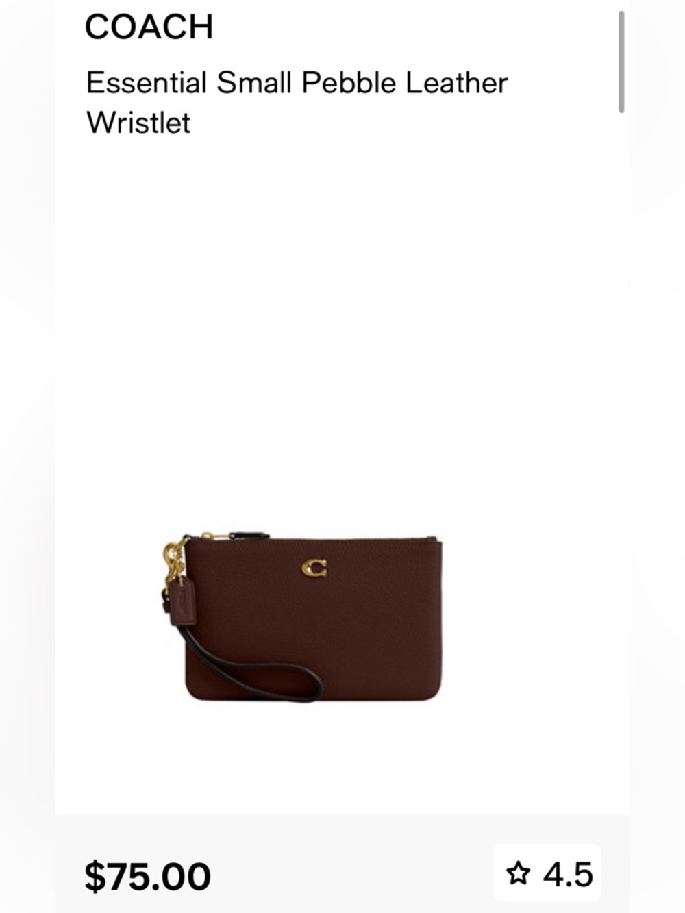 Coach Essential Small Pebble Leather Wristlet in maple NWT